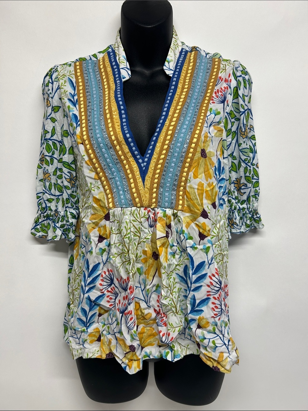 Floral Embroidered V-Neck Peasant Top in Multi size extra small blink London
